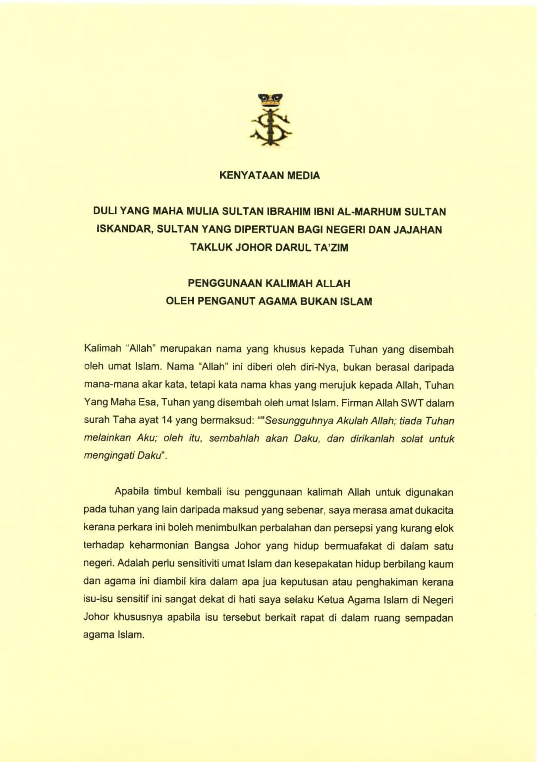 Sultan Johor dukacita isu penggunaan kalimah Allah ...